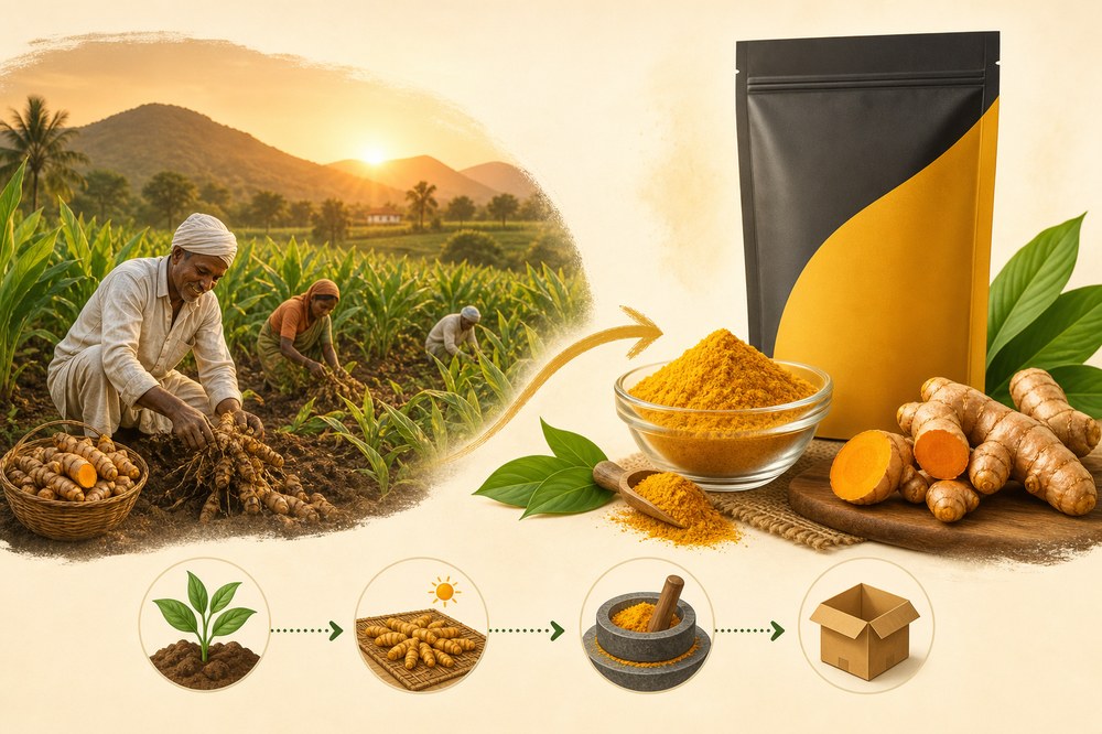Ramíka Agro farm-to-pack journey — turmeric harvest in Wai Satara fields, premium powder and packaging, Grow Dry Grind Pack process