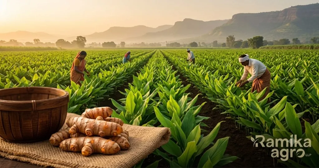 Turmeric farm panorama in Satara, Maharashtra with farmers tending crops