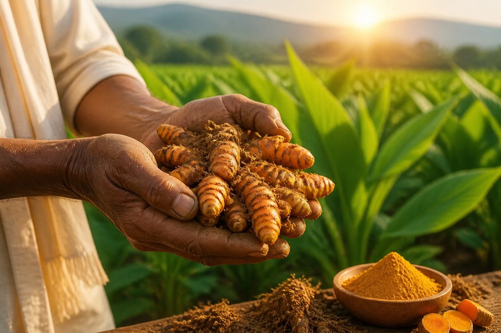 Farmer holding freshly harvested turmeric roots from Ramíka Agro farm with golden powder — pure farm-fresh quality