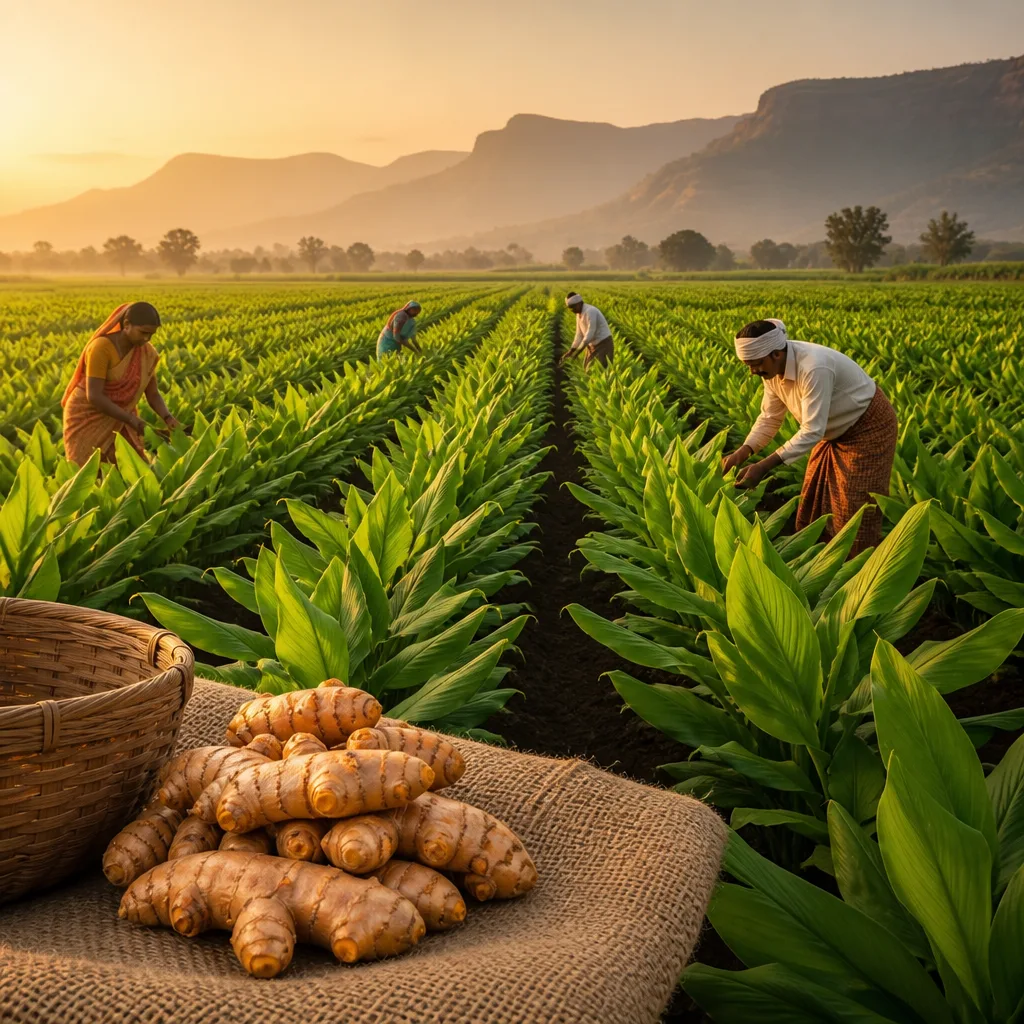 Turmeric cultivation in lush green fields of Satara