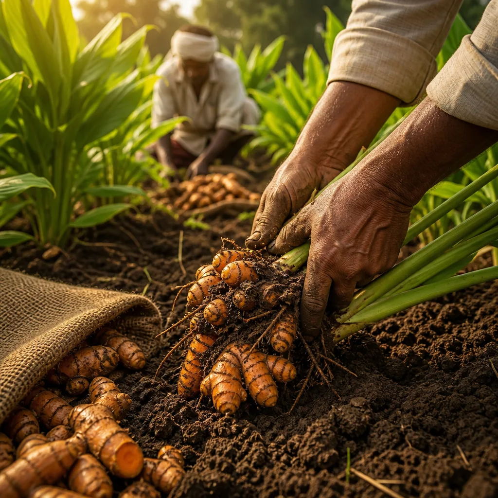 Farmers harvesting fresh turmeric roots by hand