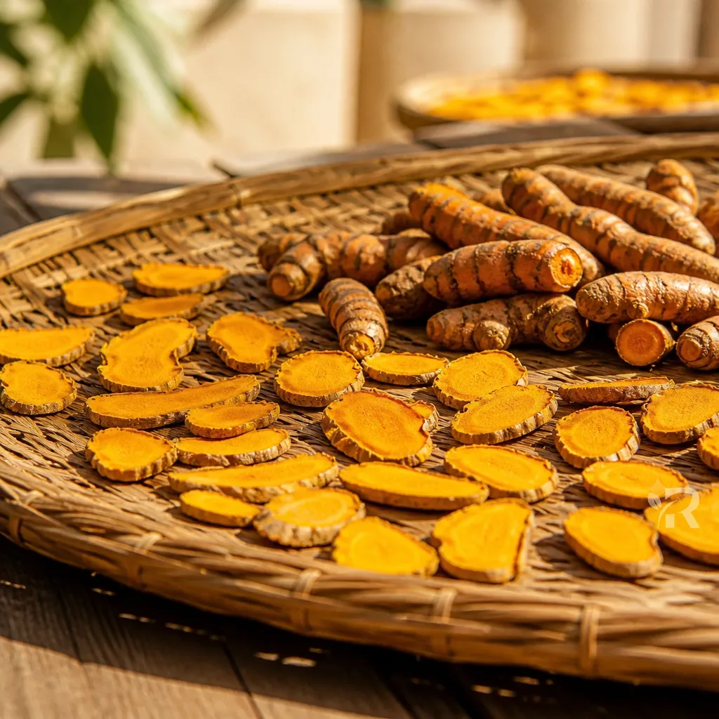 Turmeric roots sun-drying naturally under golden sunlight
